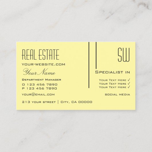 Plain Pastel Geel met Initialen Professional Visitekaartje (Achterkant)