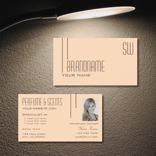 Plain Pastel Peach met monogram en foto Modern Visitekaartje