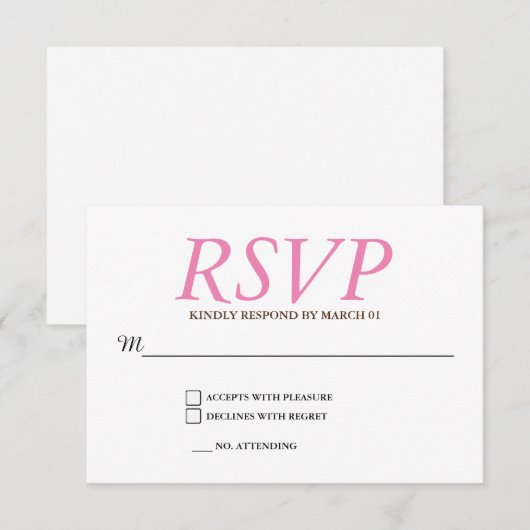 Plain Pink White Wedding RSVP Reactie Kaartje (Voorkant / Achterkant)