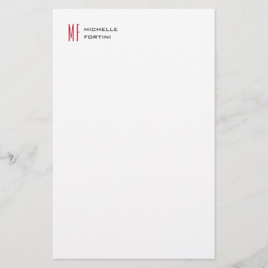 Plain Red Monogram Schattige Minimalist Plain Briefpapier (Voorkant)