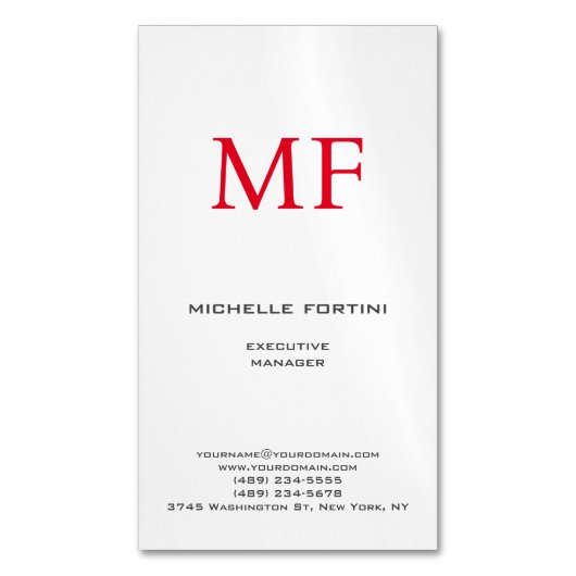 Plain Red Monogram Schattige Minimalist Plain Magnetisch Visitekaartje (Voorkant Verticaal)