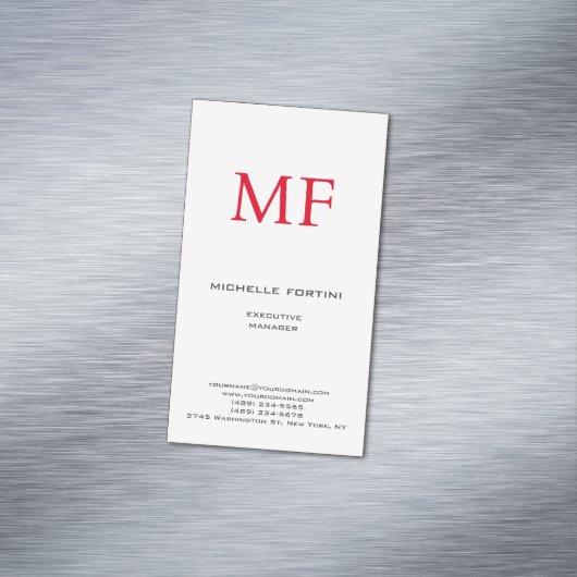 Plain Red Monogram Schattige Minimalist Plain Magnetisch Visitekaartje (Voorbeeld)