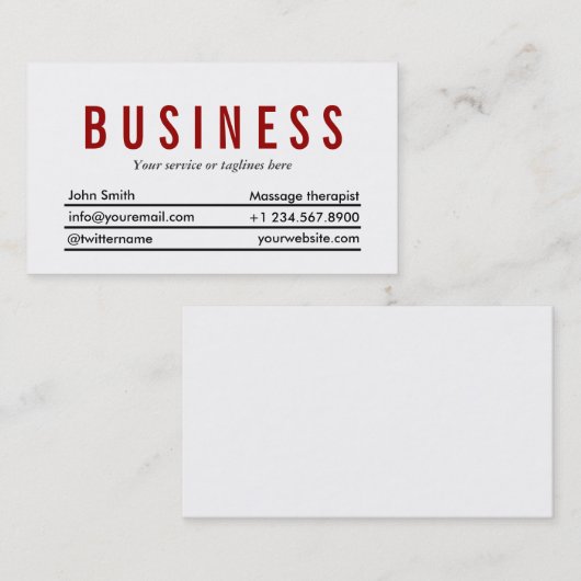 Plain Red Title Massage Therapist Visitekaartje (Voorkant / Achterkant)