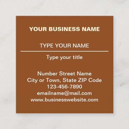 Plain Tekstontwerp aan de voorzijde van bruin Vierkante Visitekaartje (Voorkant)