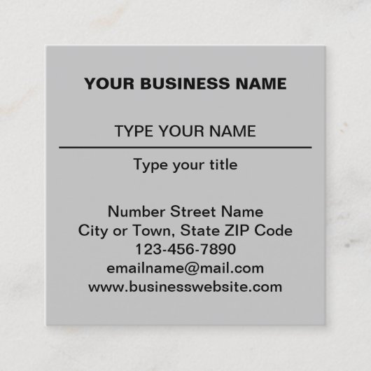 Plain Tekstontwerp aan de voorzijde van grijs Vierkante Visitekaartje (Voorkant)