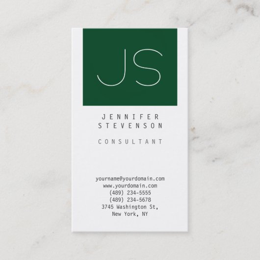 Plain Up Forest Green White Monogram Visitekaartje (Voorkant)