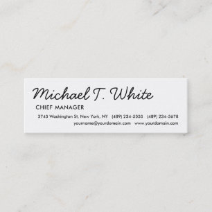 Plain White Modern Script Minimalist Slim Mini Visitekaartje