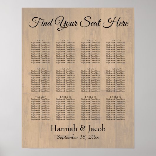 Plain Wooden Back Wedding Reception Zitkaart Poster (Voorkant)