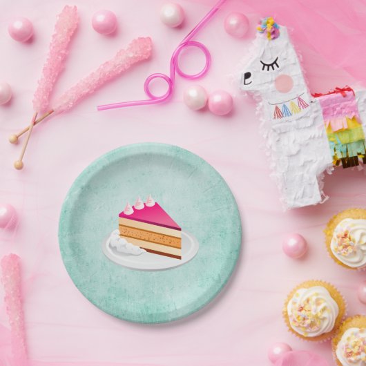 plak van cake op een groene  textuur papieren bordje (Feest)