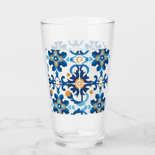 Plakken glazen waterfles met blauwe en bruine chec (Voorkant)