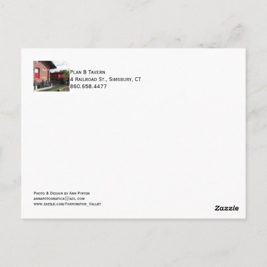Plan B Tavern, Simsbury Briefkaart (Achterkant)