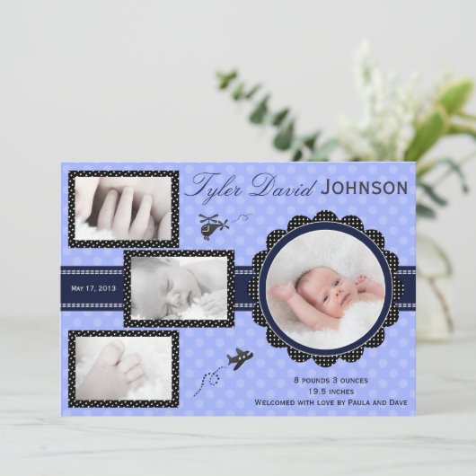 Plane Baby Boy Foto geboorteaankondiging Aankondiging (Staand voorkant)