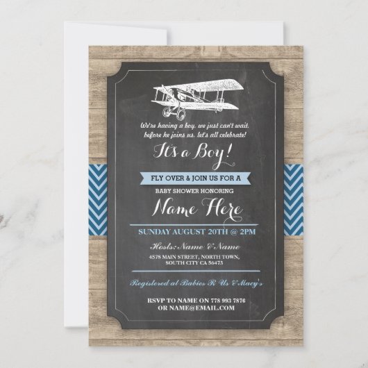  Plane Baby shower Party Boy Wood Invite Kaart (Voorkant)