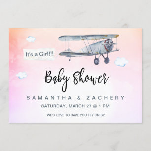 *~* Plane Banner  Clouds Baby Girl Shower Kaart