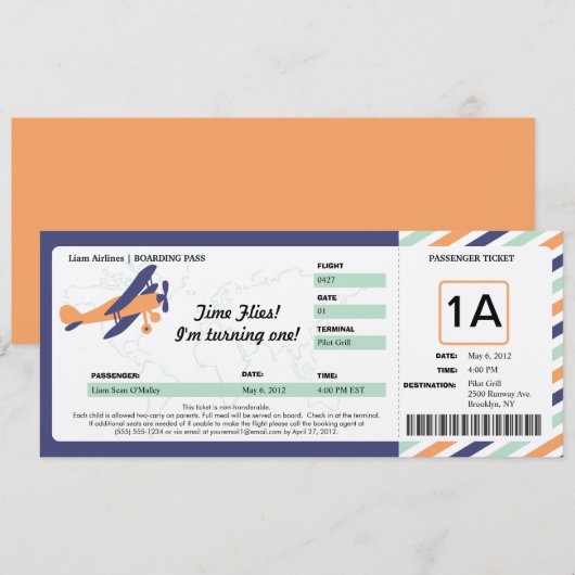  Plane Birthday Boarding Pass Ticket Kaart (Voorkant / Achterkant)