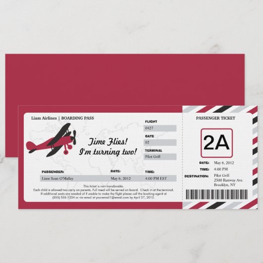 Plane Birthday Boarding Pass Ticket Kaart (Voorkant / Achterkant)