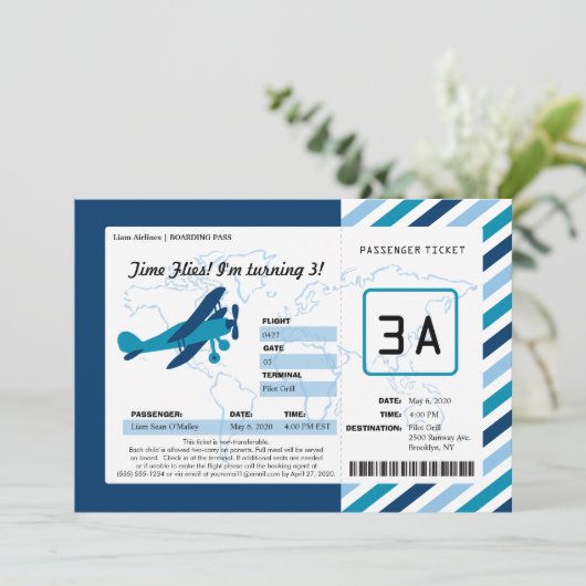  Plane Birthday Boarding Pass Ticket Kaart (Staand voorkant)