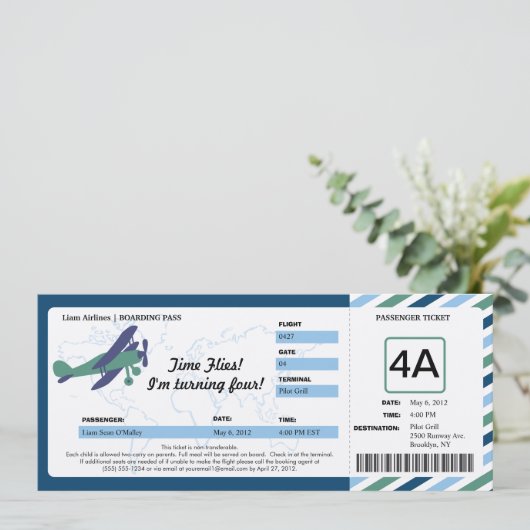 Plane Birthday Boarding Pass Ticket Kaart (Staand voorkant)