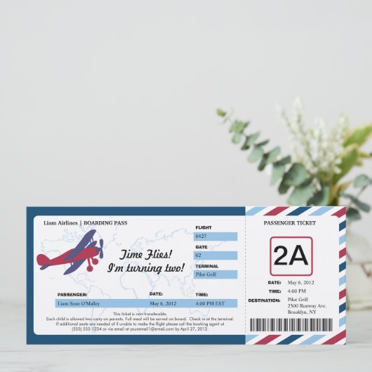  Plane Birthday Boarding Pass Ticket Kaart (Staand voorkant)
