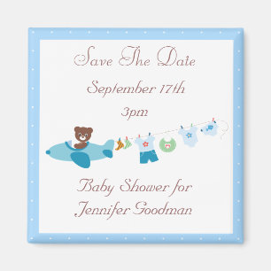 Plane & Clothesline Blue Save The Date Baby shower Magneet