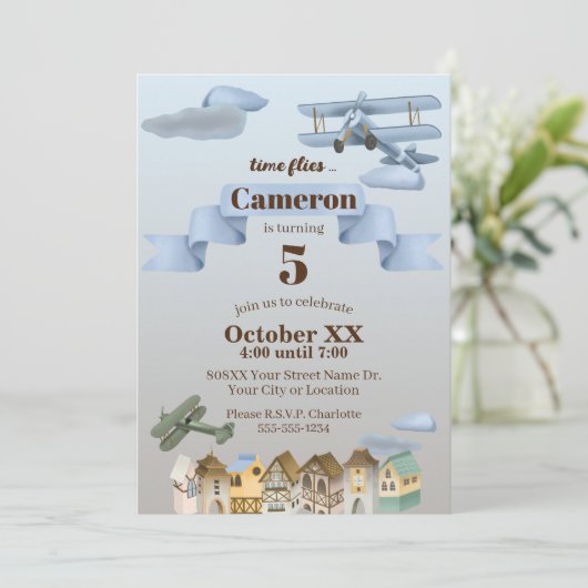  Plane & Cute Town Aviation Verjaardagsfeest Kaart (Staand voorkant)