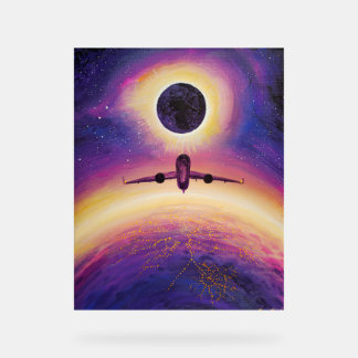 Plane in flight city and eclipse acryl bord