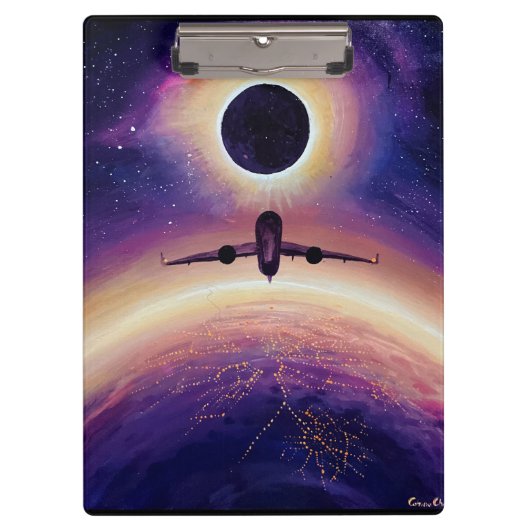 Plane in flight city and eclipse klembord (Voorkant)