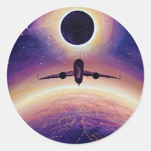 Plane in flight city and eclipse ronde sticker (Voorkant)