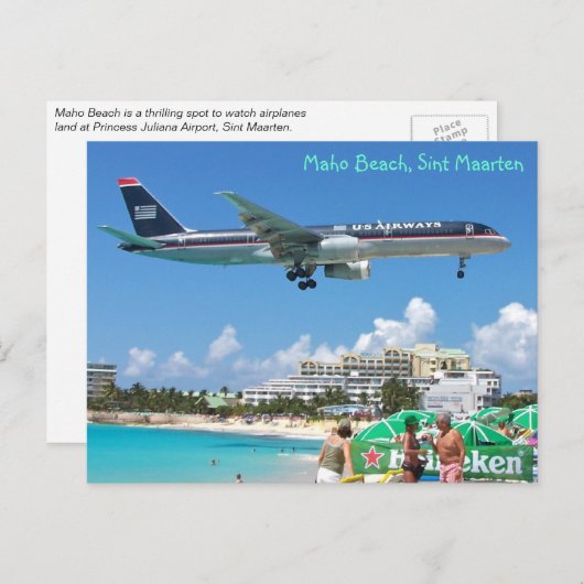Plane landing over Maho Beach, Sint Maarten, SXM Briefkaart (Voorkant / Achterkant)