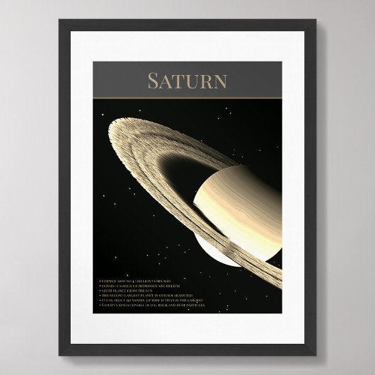 Planeet Saturnus met ringen en feiten zwart poster