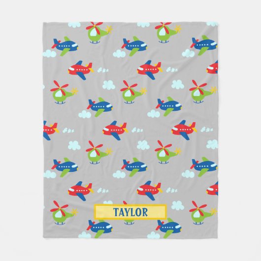 Planes, Helikopters & Clouds Cartoon LT Grey, Naam Fleece Deken (Voorkant)