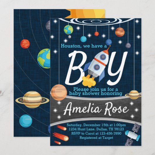 Planet BuitSpace Baby shower Invitation Boy Kaart (Voorkant / Achterkant)