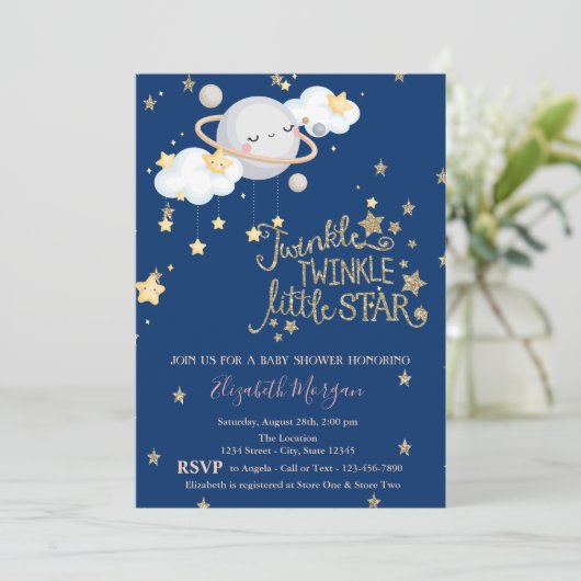 Planet, Clous, StarsTwinkle Baby shower Kaart (Staand voorkant)