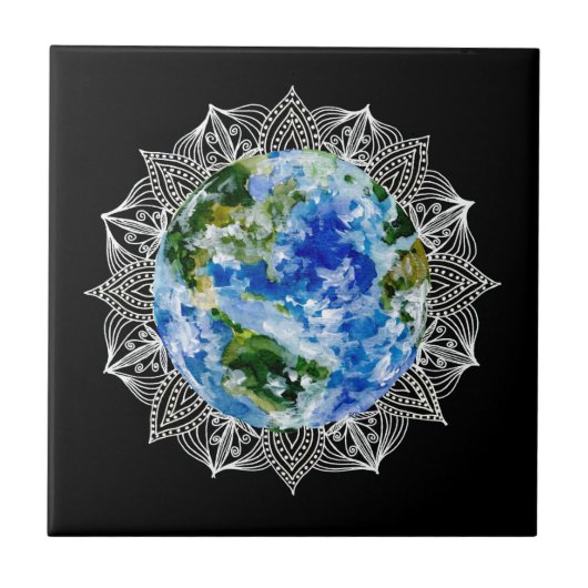 Planet Earth Mandala Black Tegeltje (Voorkant)