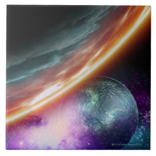 Planet en zijn maan. Computerillustraties van een Tegeltje