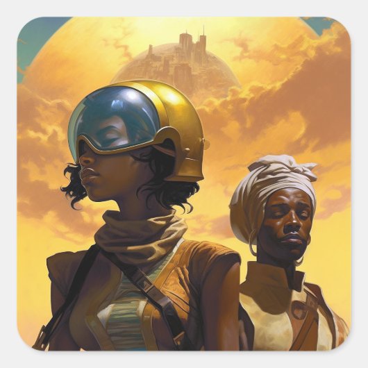 Planet Explorers Afrofuturistic Science Fiction Vierkante Sticker (Voorkant)