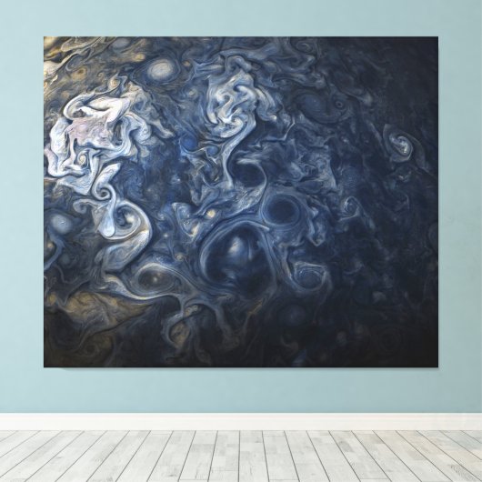 Planet Jupiter Blues Blauw Wit Juno Cam Draaien Canvas Afdruk (Insitu (Houten vloer))