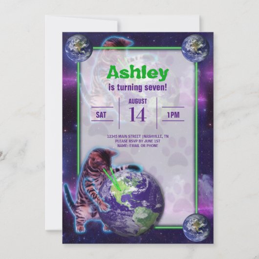 Planet Laser Cat Party Uitnodiging (Voorkant)