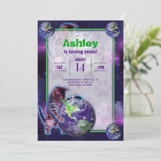 Planet Laser Cat Party Uitnodiging (Staand voorkant)