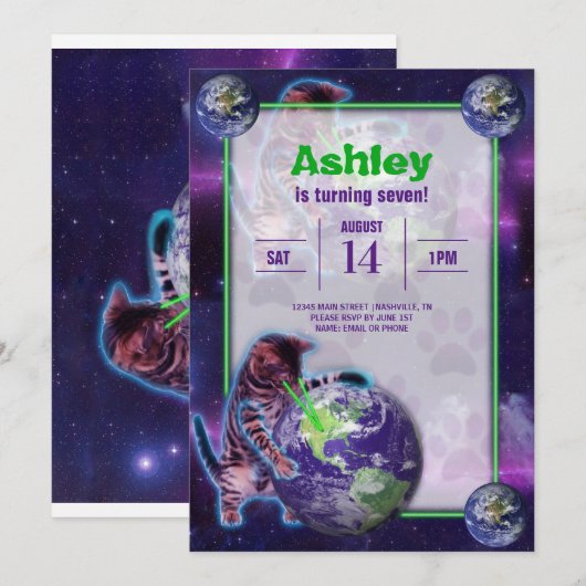 Planet Laser Cat Party Uitnodiging (Voorkant / Achterkant)