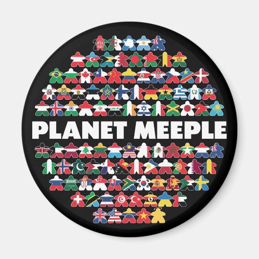 Planet Meeple, White Text Round Magnet (Voorkant)