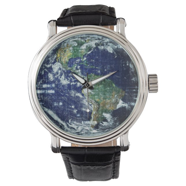 Planet Mother Earth Wereldbol Geometrisch Raster W Horloge (Voorkant)