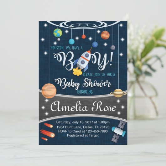 Planet Outer Space Baby shower Invitation Boy Kaart (Staand voorkant)