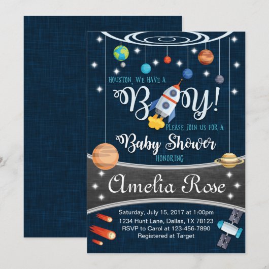 Planet Outer Space Baby shower Invitation Boy Kaart (Voorkant / Achterkant)