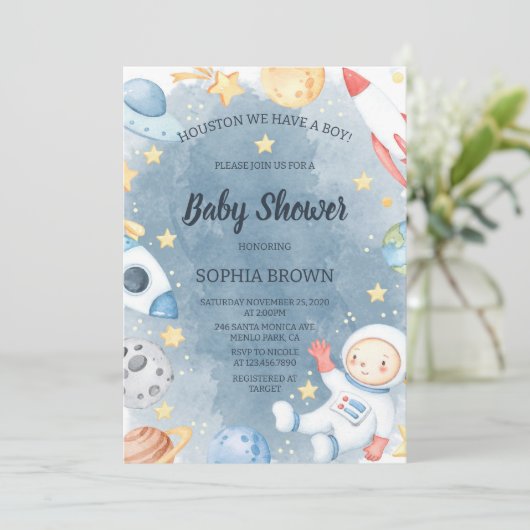 Planet Outer Space Baby Shower Invitation Boy Kaart (Staand voorkant)