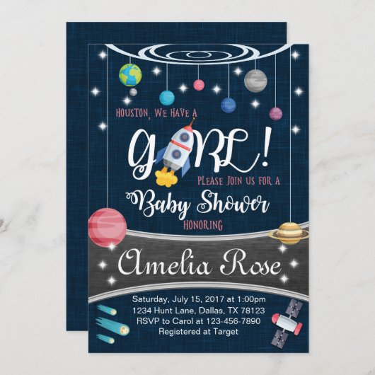 Planet Outer Space Baby shower Invitation Girl Kaart (Voorkant / Achterkant)