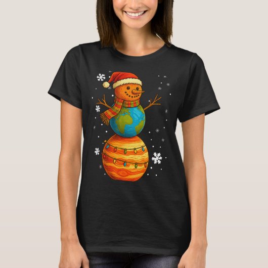 Planet Snowman Earth Saturn Christmas Holiday Art  T-shirt (Voorkant)