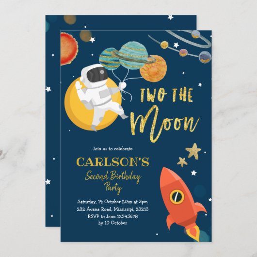 Planet Solar Space Twee: Moon Invitation Kaart (Voorkant / Achterkant)