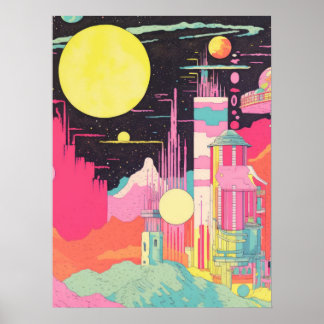 Planetair panorama: een levendige stad en kosmisch poster