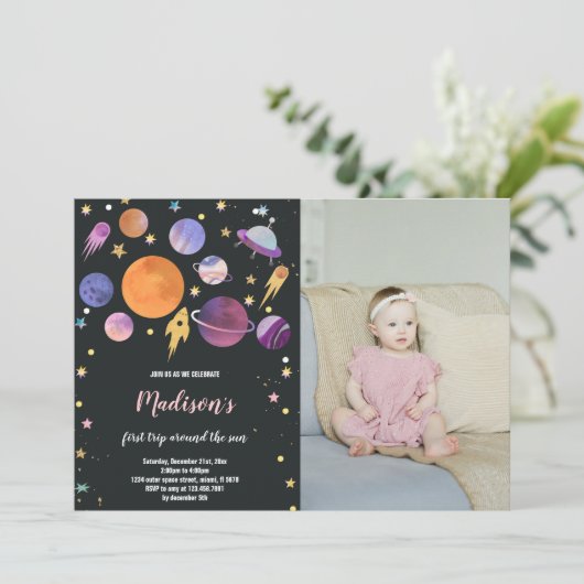 Planeten en raketschip verjaardagsuitnodiging kaart (Staand voorkant)